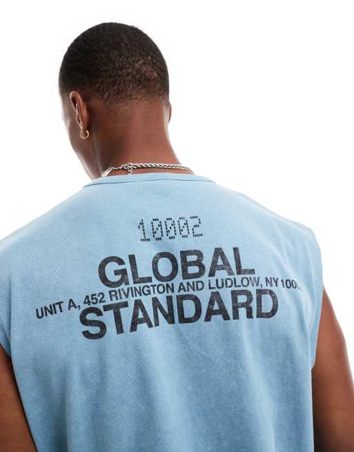 Camiseta azul lavado extragrande sin mangas con estampado de texto en la espalda de tejido grueso de 220 g/m2 de ASOS DESIGN
