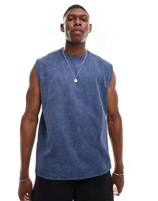 Camiseta azul lavado extragrande sin mangas de tejido grueso de 220 g/m2 de ASOS DESIGN
