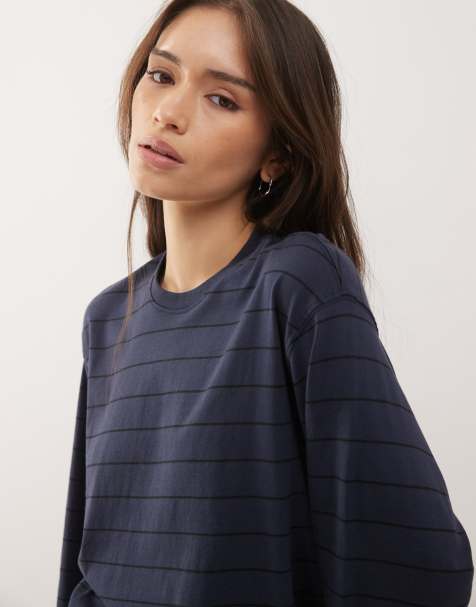 Camiseta azul marino a rayas de corte cuadrado y manga larga exclusiva en ASOS de Weekday - view 1