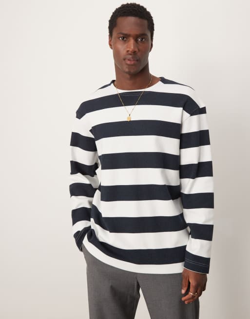 Camiseta azul marino a rayas de manga larga y corte cuadrado extragrande de Selected Homme