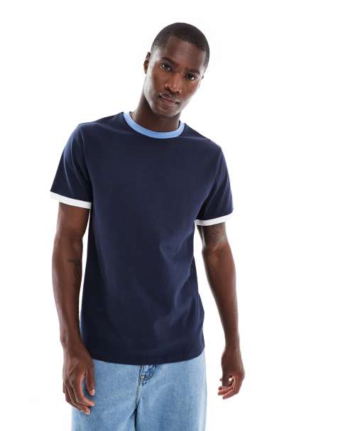 Camiseta azul marino con cuello redondo y ribetes de ASOS DESIGN - view 1