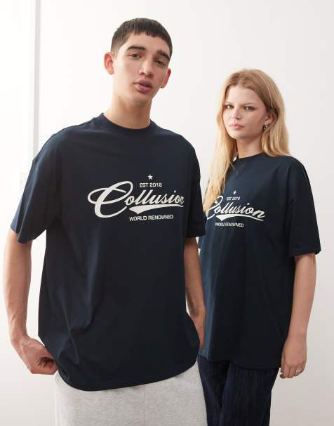Camiseta azul marino con estampado blanco de COLLUSION Unisex - view 1