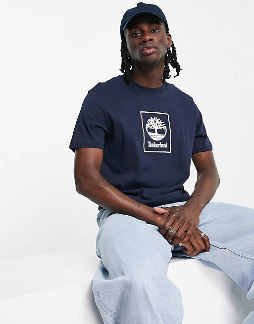 Hombre Tops | Camiseta azul marino con logo estampado Stack de Timberland - WU84146