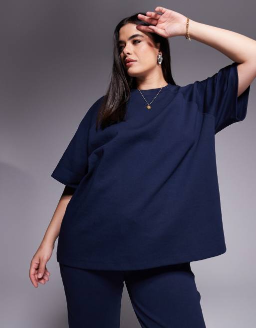 Camiseta azul marino con mangas raglán de punto interlock de ASOS DESIGN Curve (parte de un conjunto)