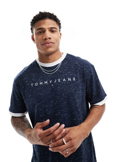Camiseta azul marino con ribetes y logo lineal de Tommy Jeans