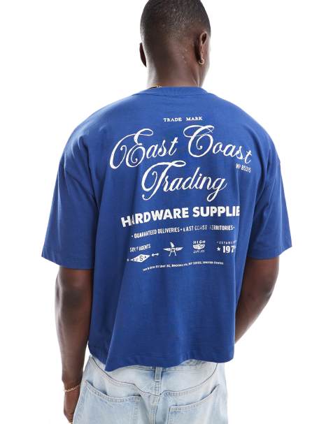 Camiseta azul marino de corte cuadrado extragrande con estampado en el pecho y la espalda de ASOS DESIGN - view 1