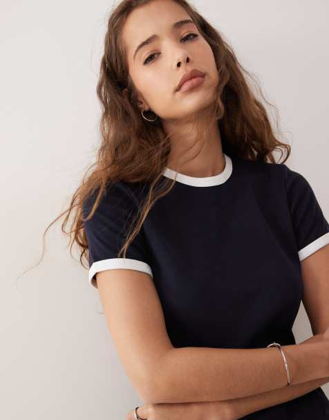 Camiseta azul marino de corte slim de canalé con ribete de ARKET - view 1