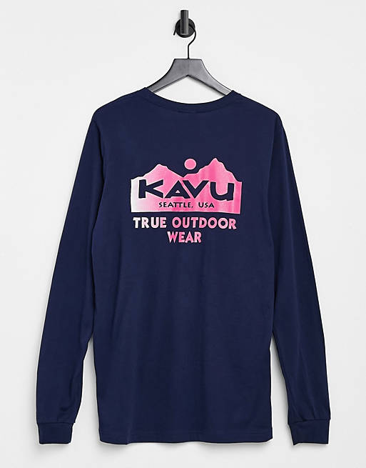 Camiseta azul marino de manga larga con estampado del logo en la espalda de Kavu