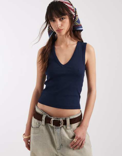 Camiseta azul marino de tirantes con cuello de pico de canalé de ASOS DESIGN - view 1