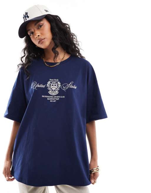 Camiseta azul marino extragrande con bordado 