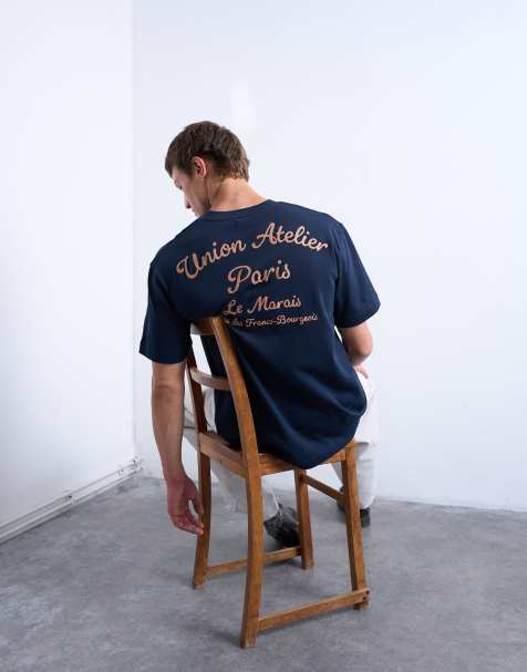 Camiseta azul marino extragrande con bordado "Union Atelier" de Topman - view 1