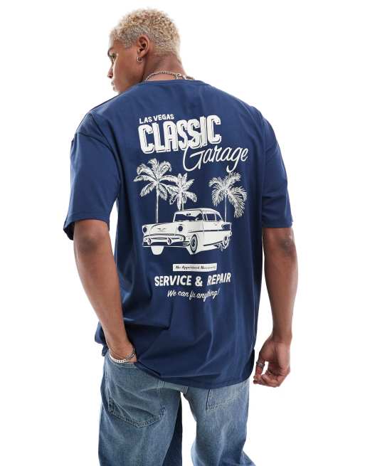 Camiseta azul marino extragrande con estampado de coche y texto 