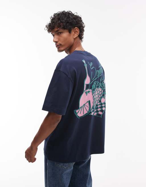 Camiseta azul marino extragrande con estampado de fruta y vino en la parte delantera y trasera de Topman