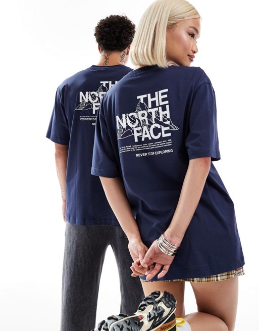 Camiseta azul marino extragrande con estampado de montaña delineada en la espalda de The North Face