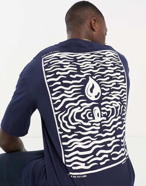 Camiseta azul marino extragrande con estampado de ondas en la espalda de Selected Homme