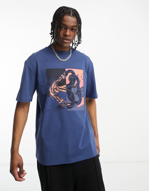 Camiseta azul marino extragrande con estampado gráfico en el pecho de tejido grueso NSE Carabiner de The North Face