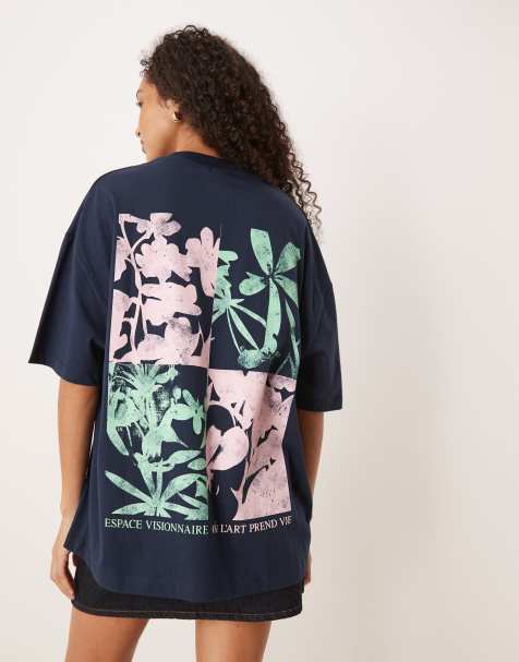 Camiseta azul marino extragrande con estampado gráfico trasero luminoso floral de ASOS DESIGN - view 1