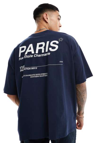 Camiseta azul marino extragrande con estampado trasero de texto "Paris" de ASOS DESIGN - view 1