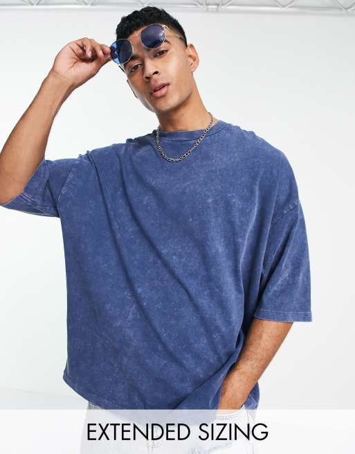 Camiseta azul marino extragrande con lavado ácido de tejido grueso de ASOS DESIGN