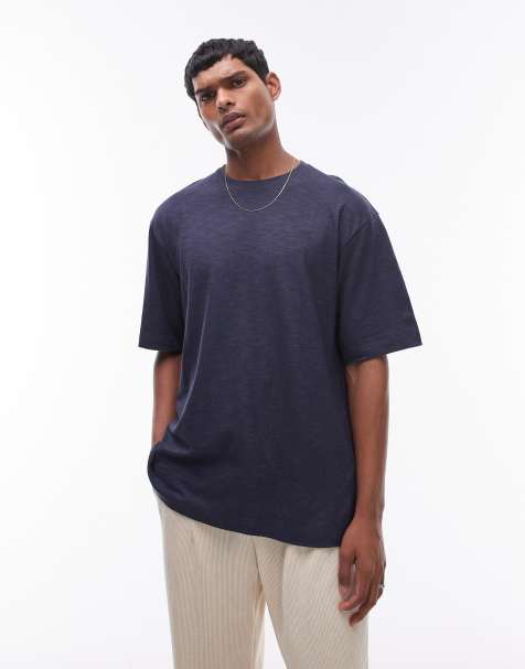 Camiseta azul marino extragrande de mezcla de lino de Topman - view 1