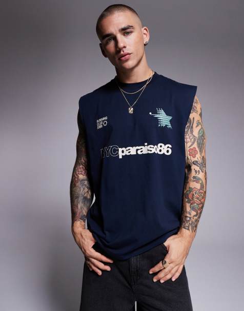 Camiseta azul marino extragrande sin mangas con estampado gráfico deportivo de ASOS DESIGN - view 1
