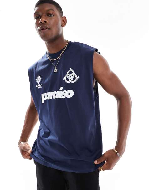 Camiseta azul marino extragrande sin mangas con estampado gráfico deportivo de ASOS DESIGN - view 1