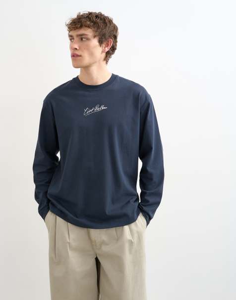 Camiseta azul marino holgada de manga larga con estampado "Ciao Bella" de Topman - view 1