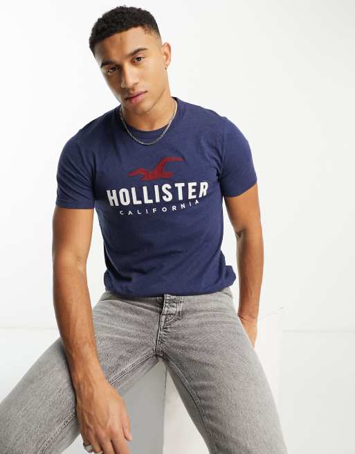 Camiseta azul marino jaspeado con logo Tech de Hollister