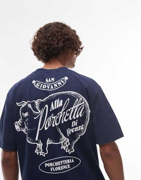 Camiseta azul marino lavado extragrande con estampado "Porchetta" en la parte delantera y trasera de Topman - view 1