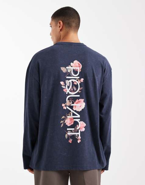 Camiseta azul marino lavado extragrande de manga larga con estampado floral vertical en la espalda de tejido grueso de ASOS DESIGN - view 1