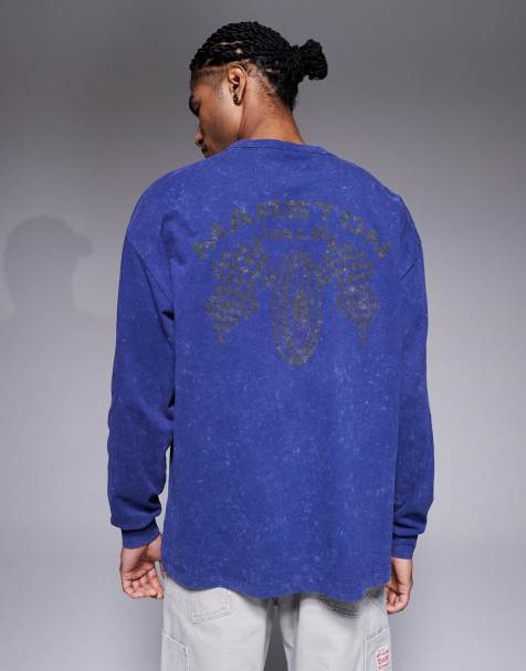 Camiseta azul marino lavado extragrande de manga larga con estampado gráfico de motor de ASOS DESIGN - view 1