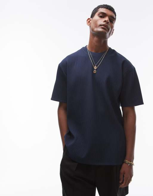 Camiseta azul marino plisada extragrande de Topman
