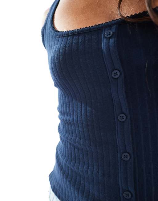 Camiseta azul marino sin mangas con botones de canalé de Miss Selfridge, 2 de 4