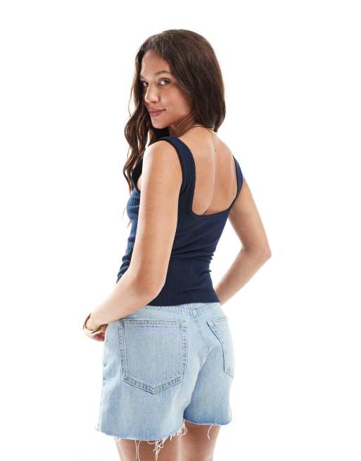 Camiseta azul marino sin mangas con botones de canalé de Miss Selfridge, 3 de 4