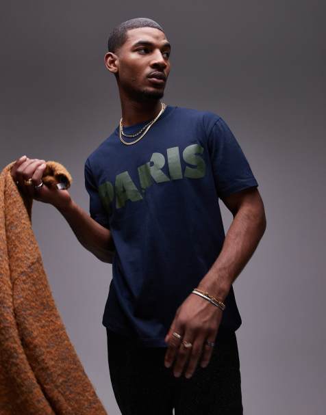 Camiseta azul marino ultragrande con estampado de texto "Paris" de Topman - view 1