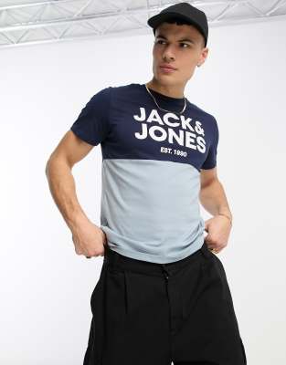 Camiseta azul marino y azul pálido con diseño color block de Jack & Jones