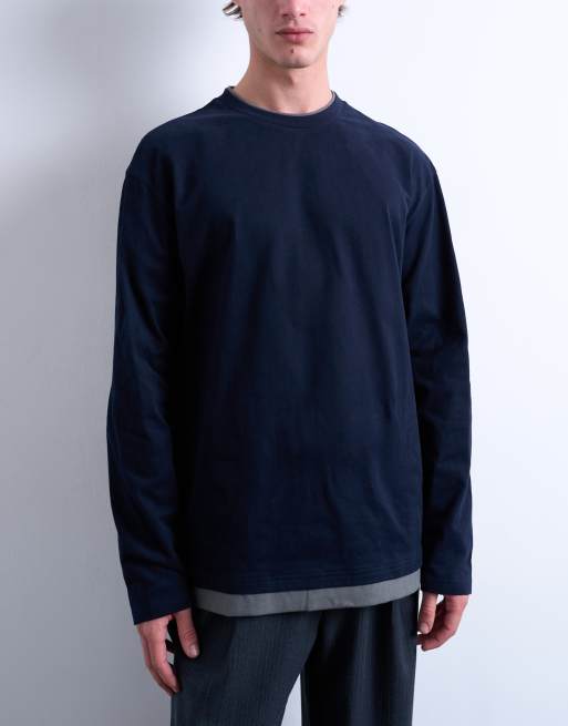 Camiseta azul marino y gris de manga larga con diseño efecto doble capa de punto de Topman, 5 de 5