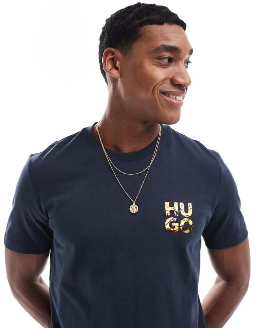 Camiseta azul oscuro con estampado de logo metalizado Diridumti de HUGO Red