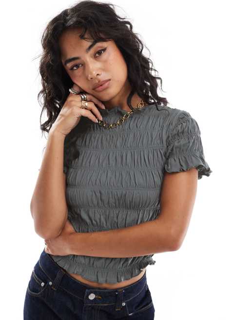 Camiseta azul petróleo fruncida con diseño encogido de ASOS DESIGN (parte de un conjunto)