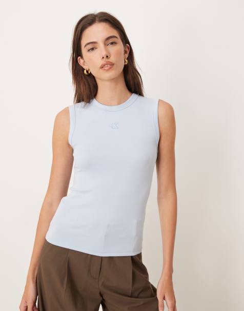 Camiseta azul tenue sin mangas con logo de canalé de algodón de Calvin Klein Jeans - view 1