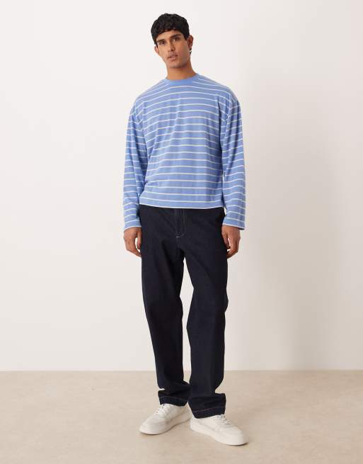 Camiseta azul texturizada a rayas blancas de manga larga y corte cuadrado extragrande de ASOS DESIGN , 2 de 5