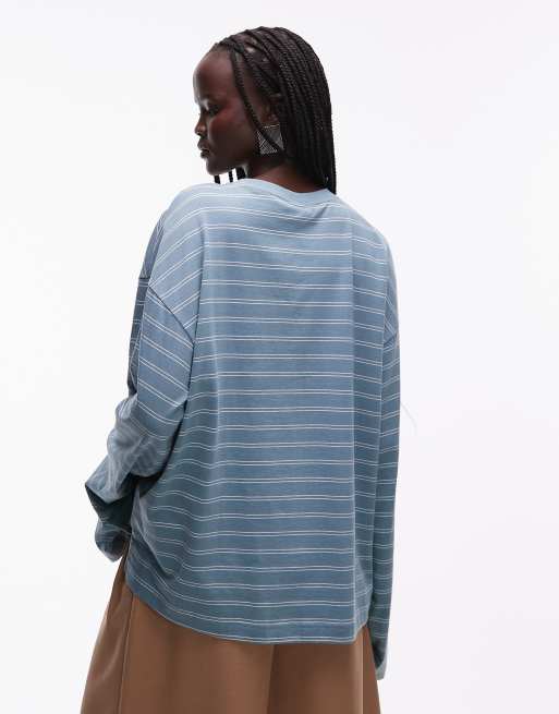 Camiseta azul turquesa a rayas de dos tonos extragrande de manga larga con aberturas laterales de Monki , 4 de 4