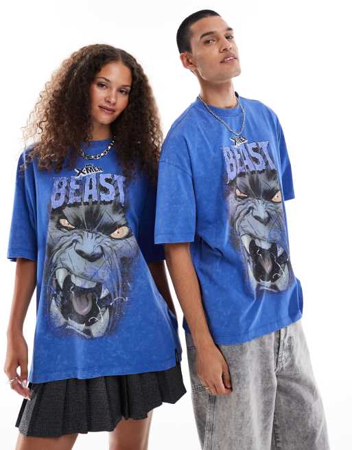 Camiseta azul unisex extragrande con estampado delantero de 