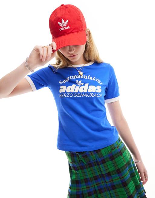Camiseta azul y blanca con logo de estilo retro de adidas Originals