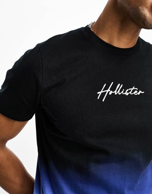Camiseta azul y negra con dise o degradado y logo peque o de Hollister