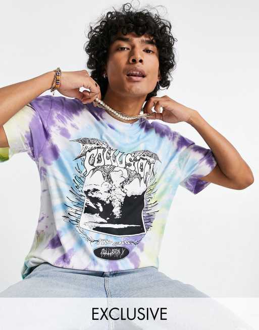 Camiseta azul y violeta con efecto tie dye y estampado de COLLUSION