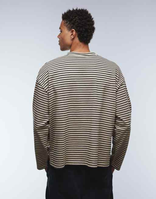 Camiseta beis a rayas negras extragrande de manga larga de tejido grueso de ASOS DESIGN , 3 de 5
