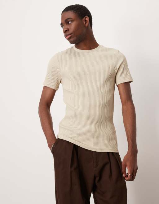 Camiseta beis ajustada de canalé premium de ASOS DESIGN