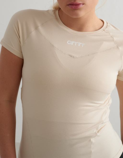 Camiseta beis café con leche básica de manga corta de tejido suave de Aim'n, 2 de 4