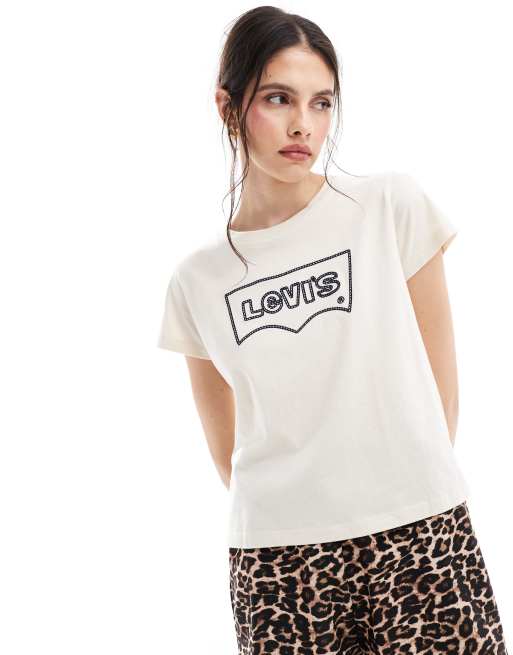 Camiseta beis de corte cuadrado con logo en forma de murciélago con diseño de cuerda de Levi's